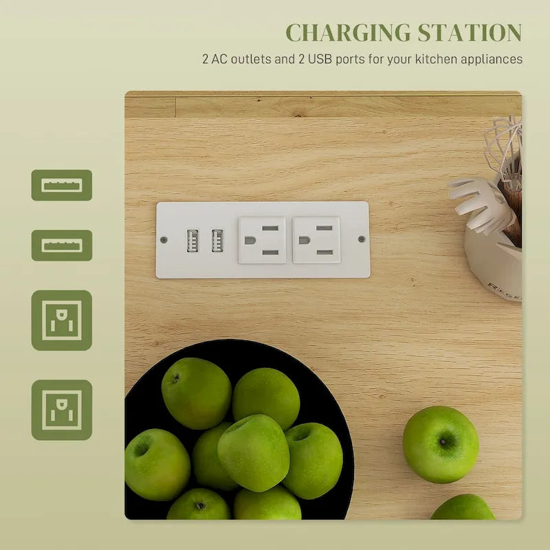 Ilot de cuisine avec rangement, Chariot de cuisine roulant avec prises CA et ports USB