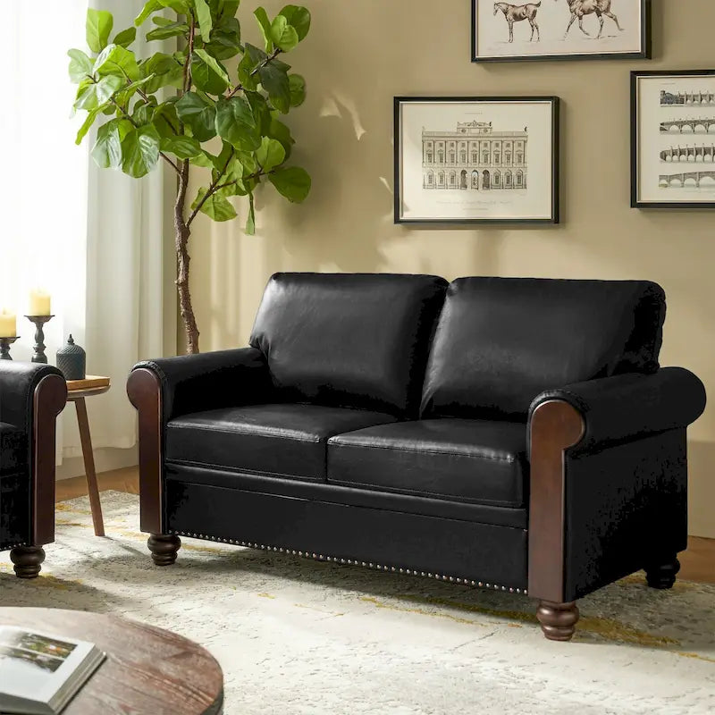 Canapé en cuir véritable de 150 cm de large avec pieds en bois massif, style de transition