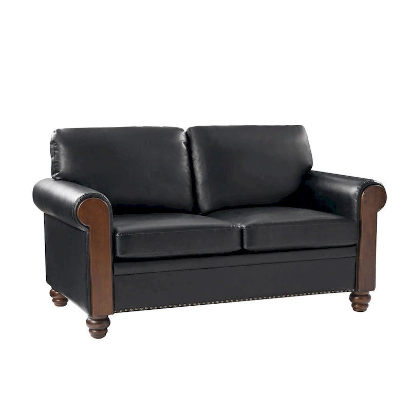 Canapé en cuir véritable de 150 cm de large avec pieds en bois massif, style de transition