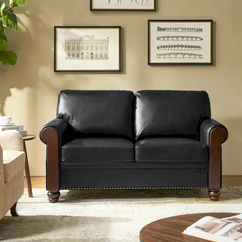 Canapé en cuir véritable de 150 cm de large avec pieds en bois massif, style de transition