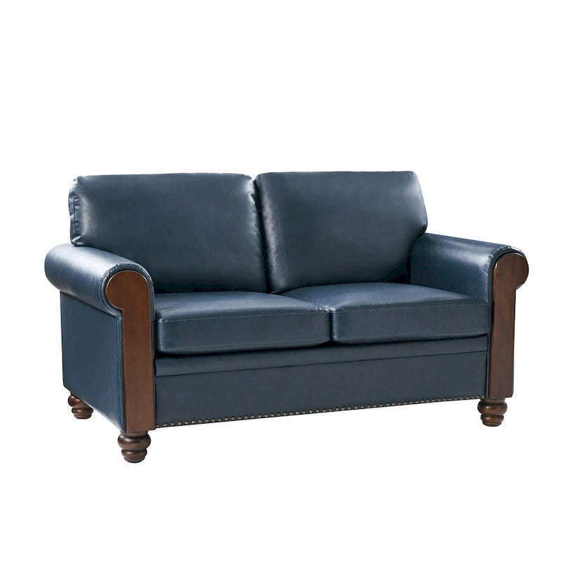 Canapé en cuir véritable de 150 cm de large avec pieds en bois massif, style de transition