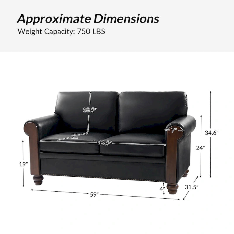 Canapé en cuir véritable de 150 cm de large avec pieds en bois massif, style de transition