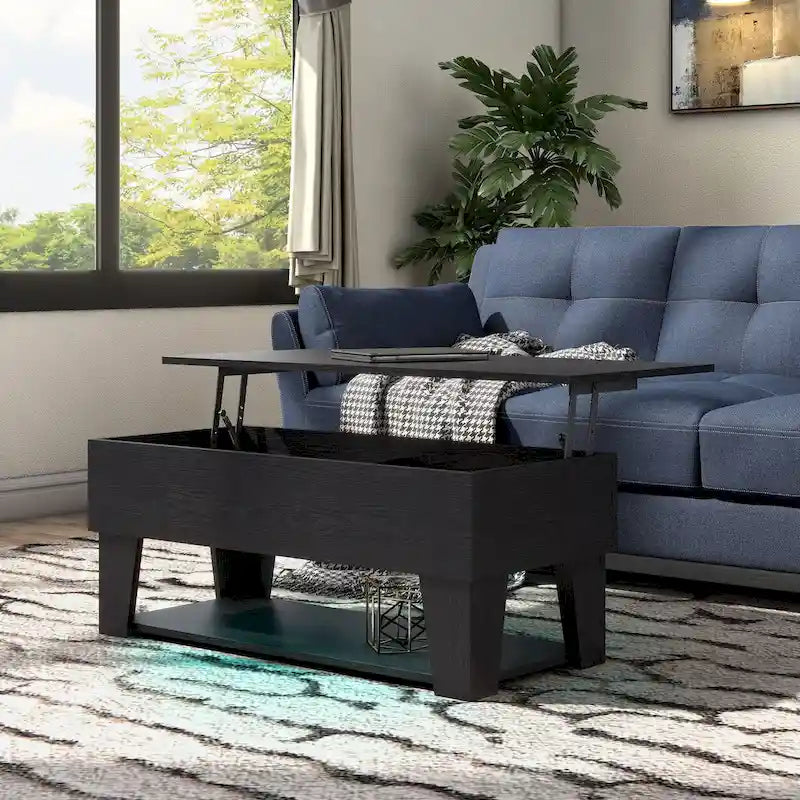 Table basse moderne à plateau relevable de 39 pouces avec lumière LED 16 couleurs et rangement caché