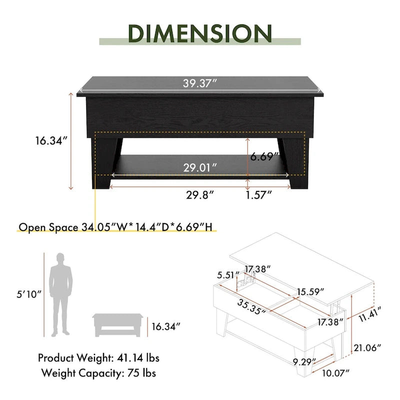 Table basse moderne à plateau relevable de 39 pouces avec lumière LED 16 couleurs et rangement caché