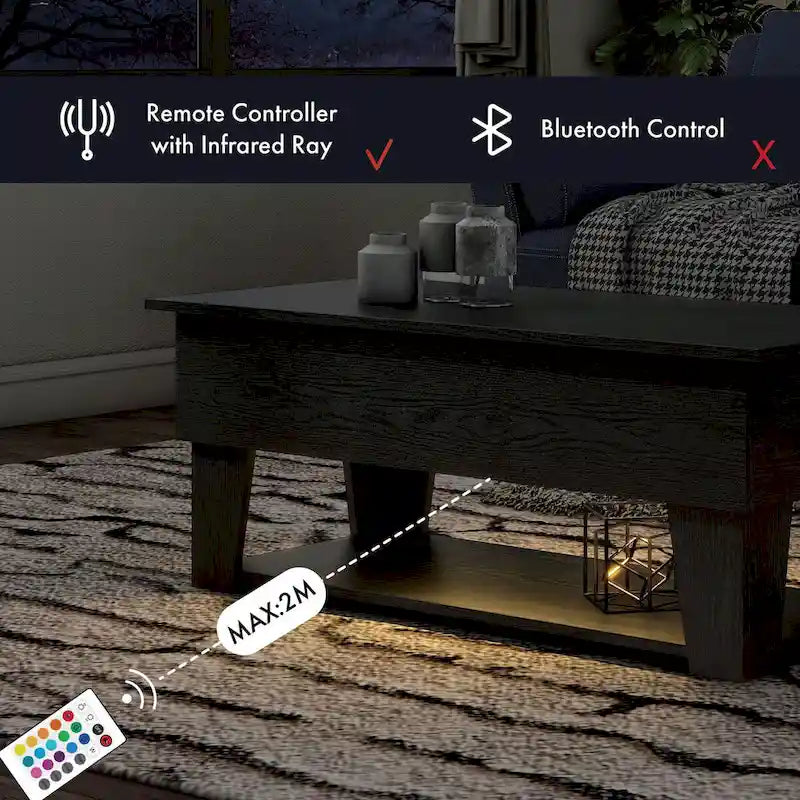 Table basse moderne à plateau relevable de 39 pouces avec lumière LED 16 couleurs et rangement caché