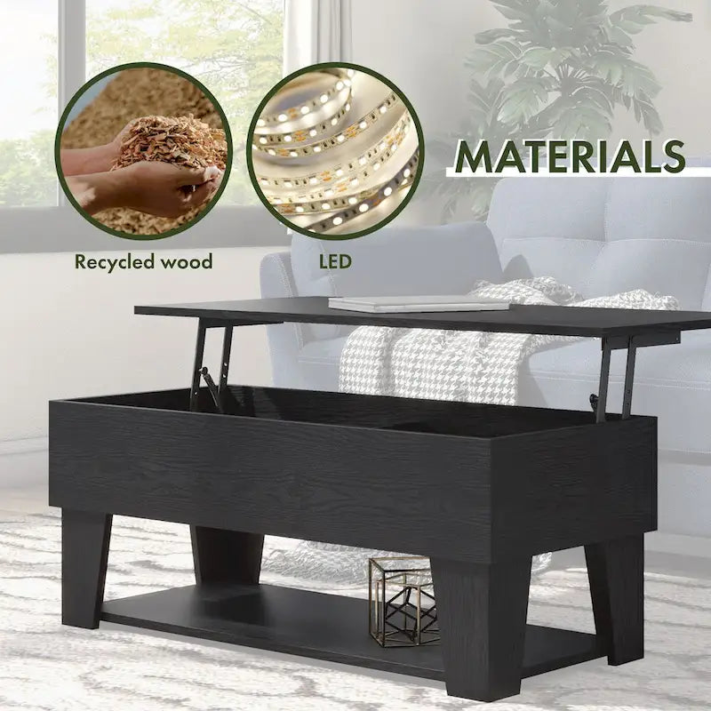 Table basse moderne à plateau relevable de 39 pouces avec lumière LED 16 couleurs et rangement caché