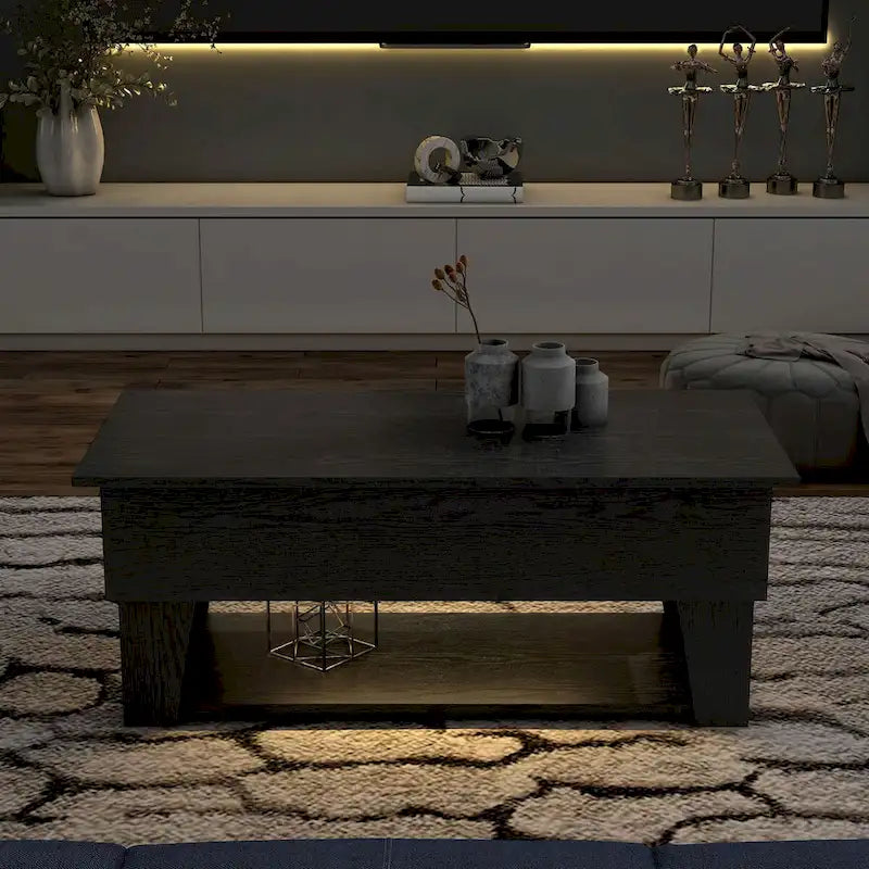 Table basse moderne à plateau relevable de 39 pouces avec lumière LED 16 couleurs et rangement caché