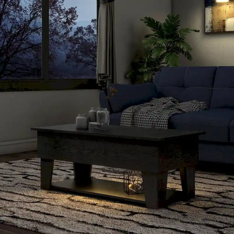 Table basse moderne à plateau relevable de 39 pouces avec lumière LED 16 couleurs et rangement caché