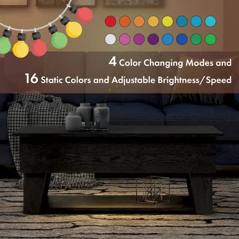 Table basse moderne à plateau relevable de 39 pouces avec lumière LED 16 couleurs et rangement caché