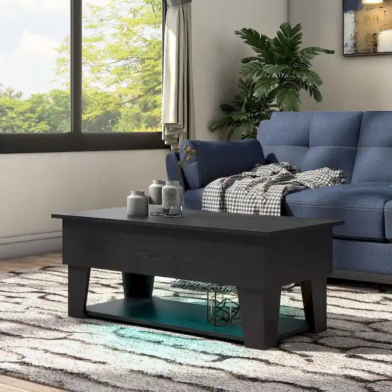 Table basse moderne à plateau relevable de 39 pouces avec lumière LED 16 couleurs et rangement caché