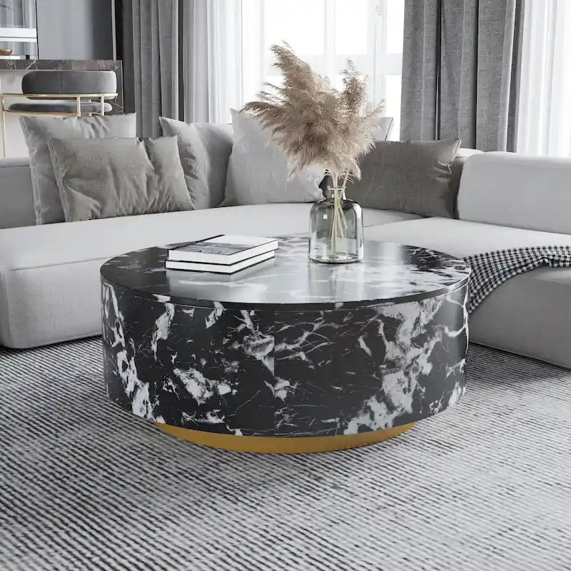 Table basse ronde moderne en similicuir marbre avec 2 tiroirs, entièrement assemblée