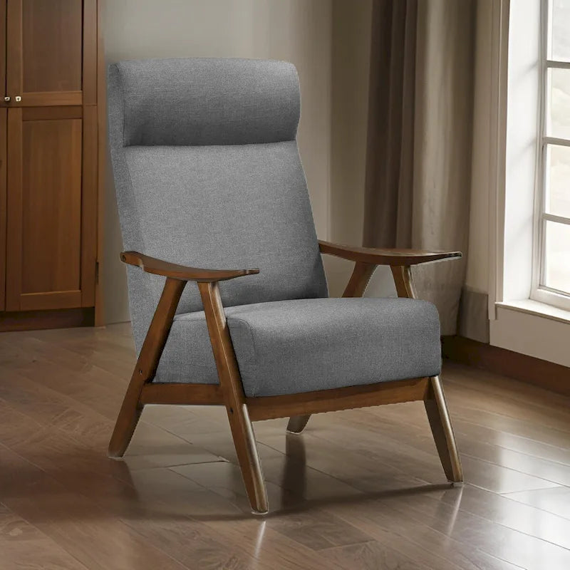 Mary 32 Inch Accent Chair Armchair, Light Gray Polyester Linen, Solid Wood