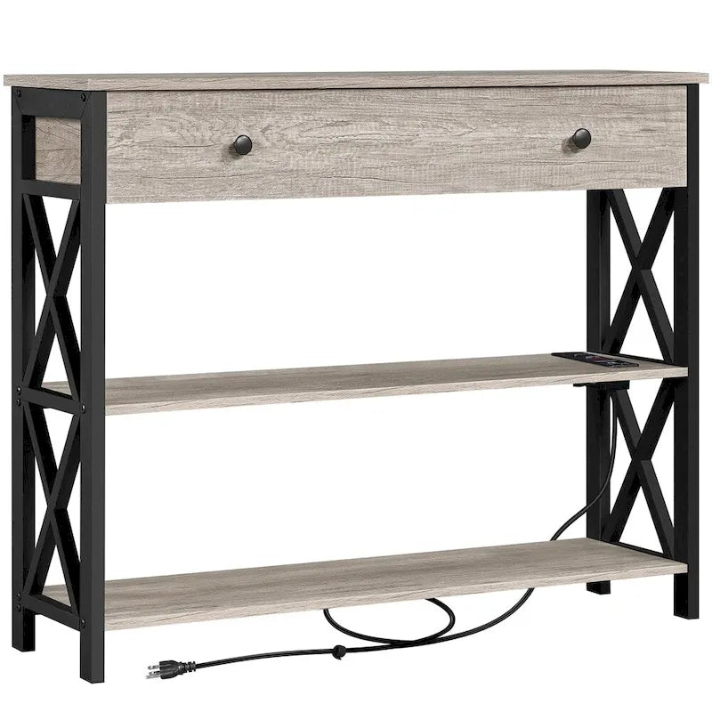 Console vintage en bois avec prise électrique, table de canapé avec 1 tiroir et 2 étagères ouvertes