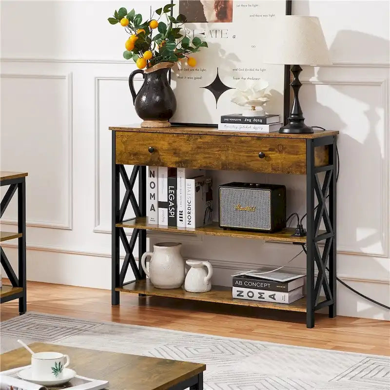 Console vintage en bois avec prise électrique, table de canapé avec 1 tiroir et 2 étagères ouvertes