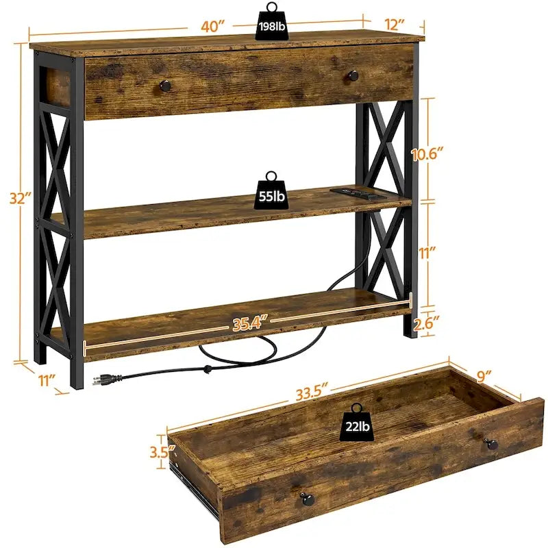 Console vintage en bois avec prise électrique, table de canapé avec 1 tiroir et 2 étagères ouvertes