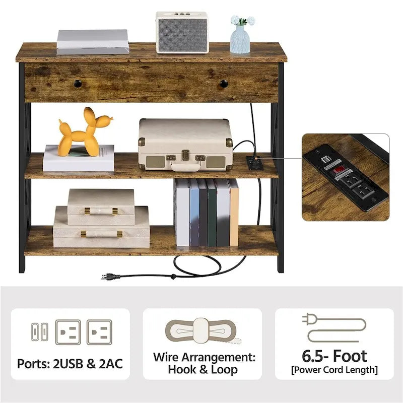 Console vintage en bois avec prise électrique, table de canapé avec 1 tiroir et 2 étagères ouvertes