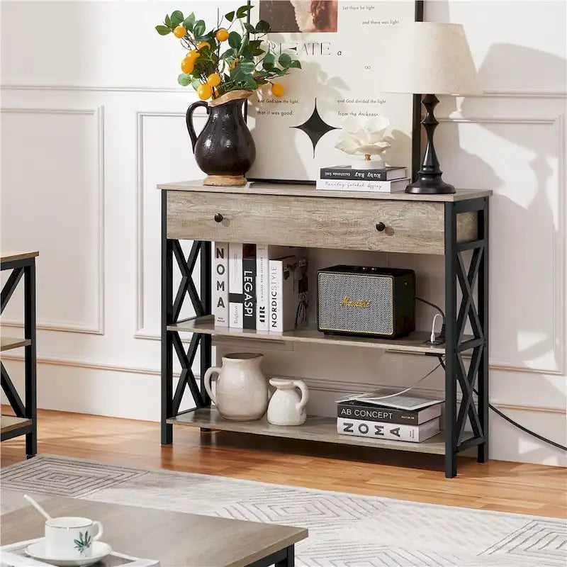 Console vintage en bois avec prise électrique, table de canapé avec 1 tiroir et 2 étagères ouvertes