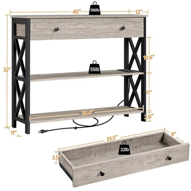 Console vintage en bois avec prise électrique, table de canapé avec 1 tiroir et 2 étagères ouvertes