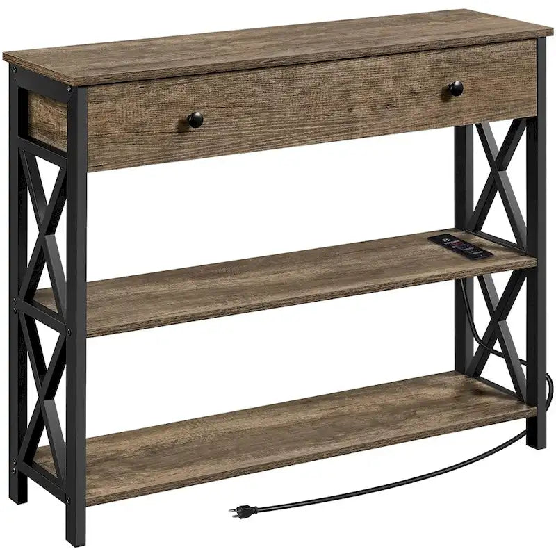 Console vintage en bois avec prise électrique, table de canapé avec 1 tiroir et 2 étagères ouvertes