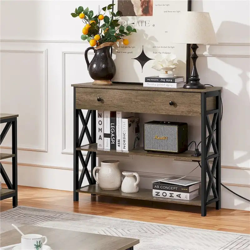 Console vintage en bois avec prise électrique, table de canapé avec 1 tiroir et 2 étagères ouvertes