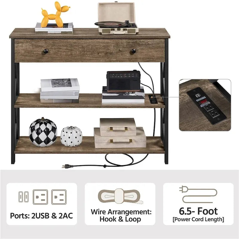 Console vintage en bois avec prise électrique, table de canapé avec 1 tiroir et 2 étagères ouvertes