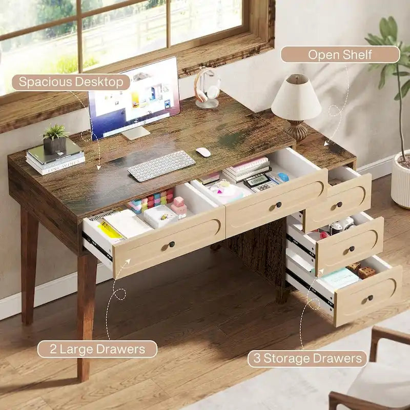 Bureau informatique de 51 pouces avec caisson de rangement réversible et support d'imprimante