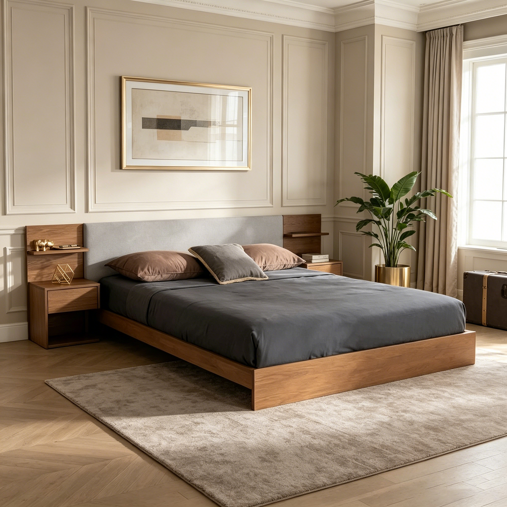 Lit de rangement moderne et contemporain avec tables de chevet intégrées