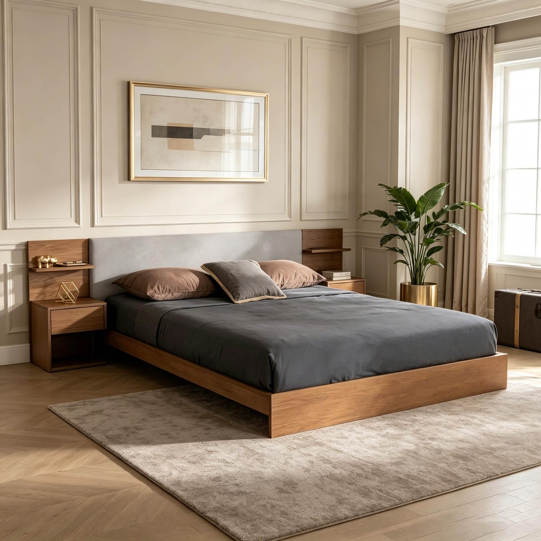 Lit de rangement moderne et contemporain avec tables de chevet intégrées