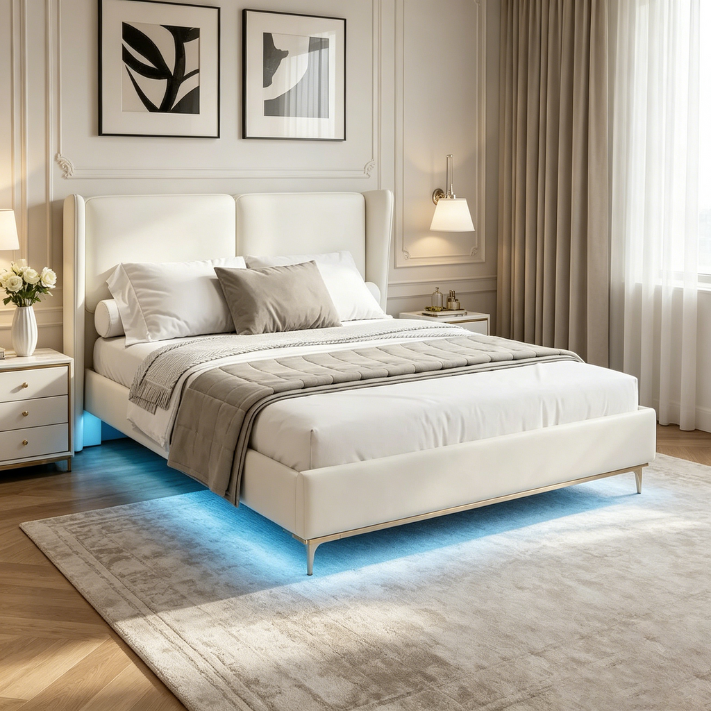Lit plateforme flottant Queen Velvet avec lumières LED et 6 rangements