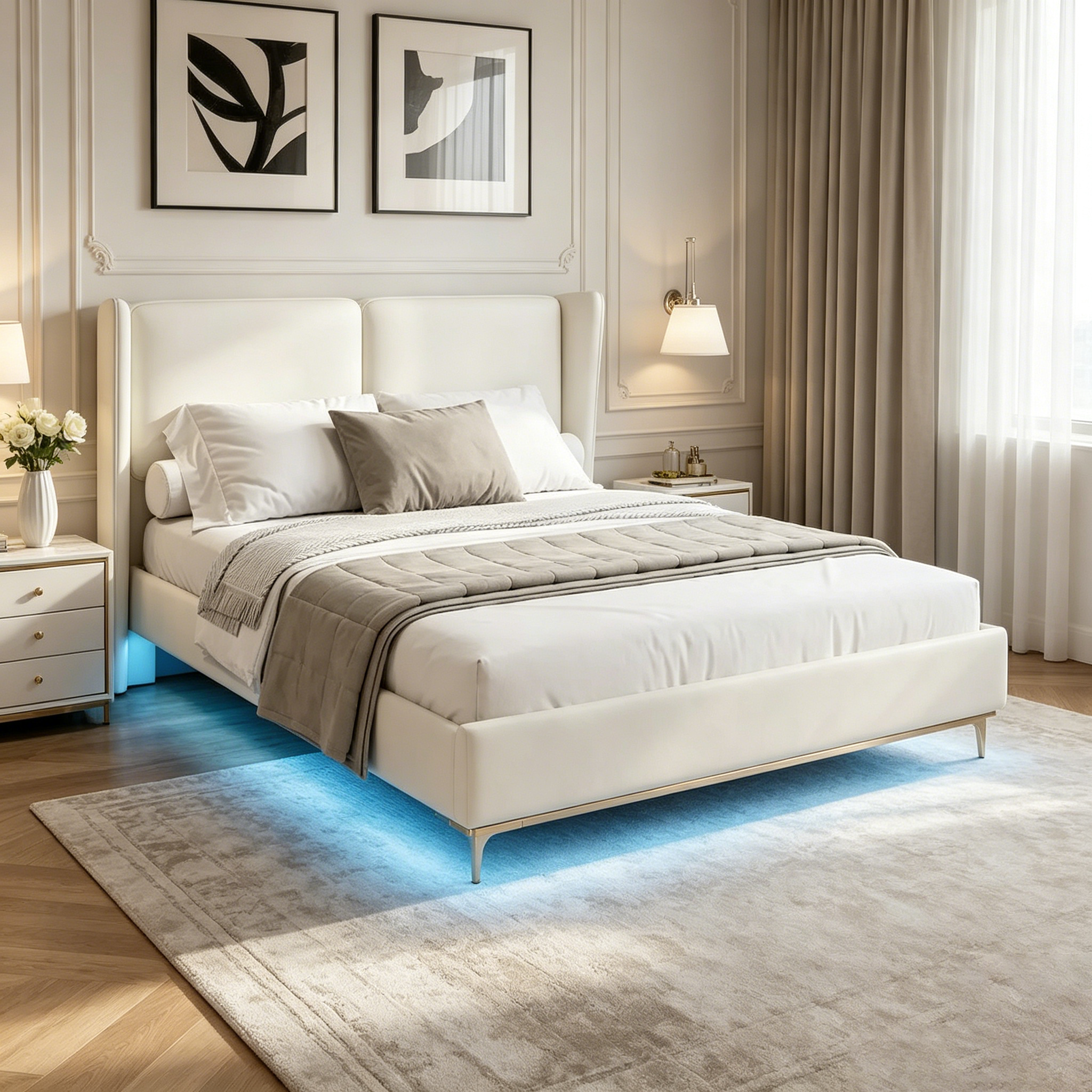 Lit plateforme flottant Queen Velvet avec lumières LED et 6 rangements