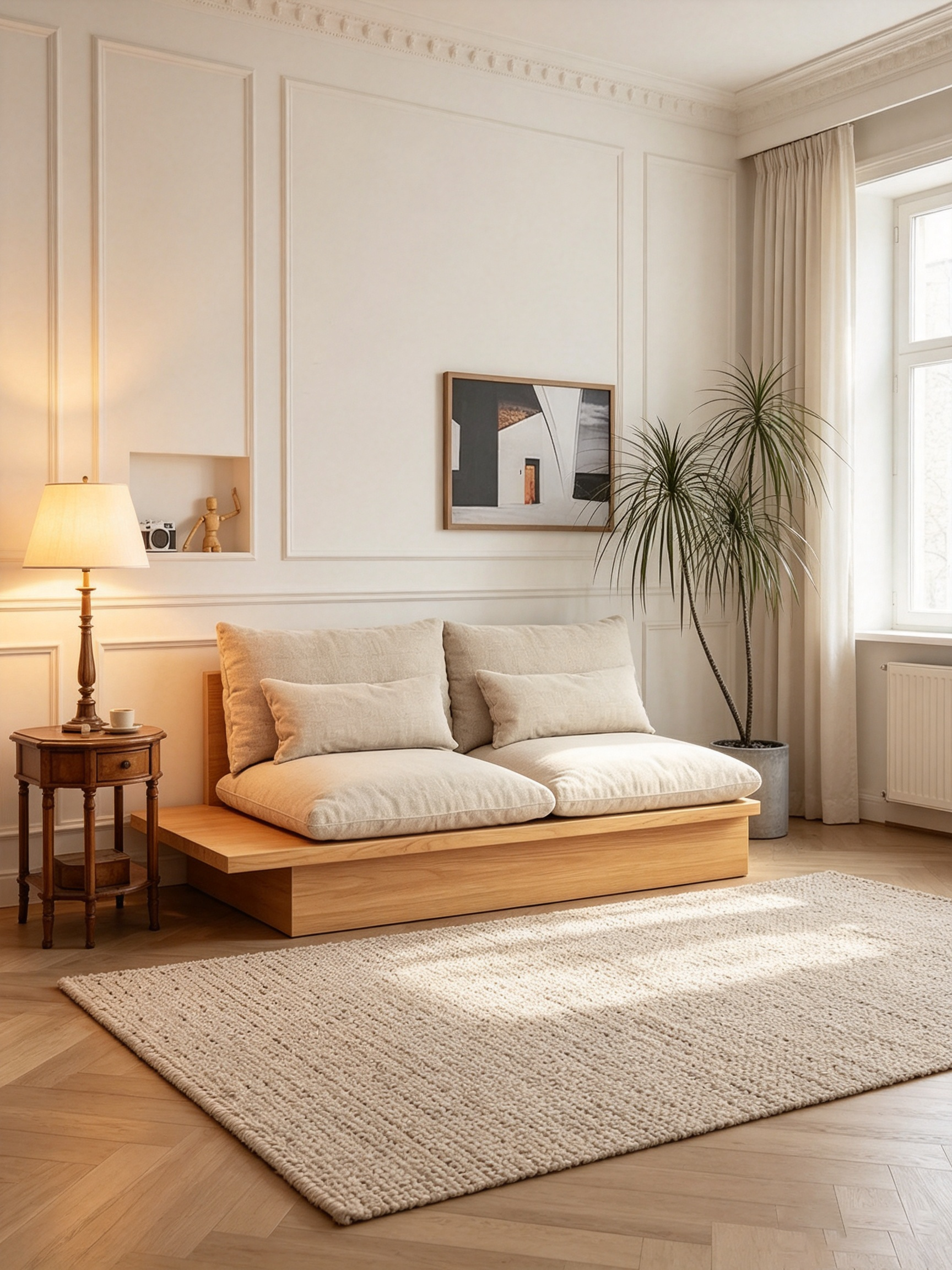Canapé en coton beige avec cadre en bois